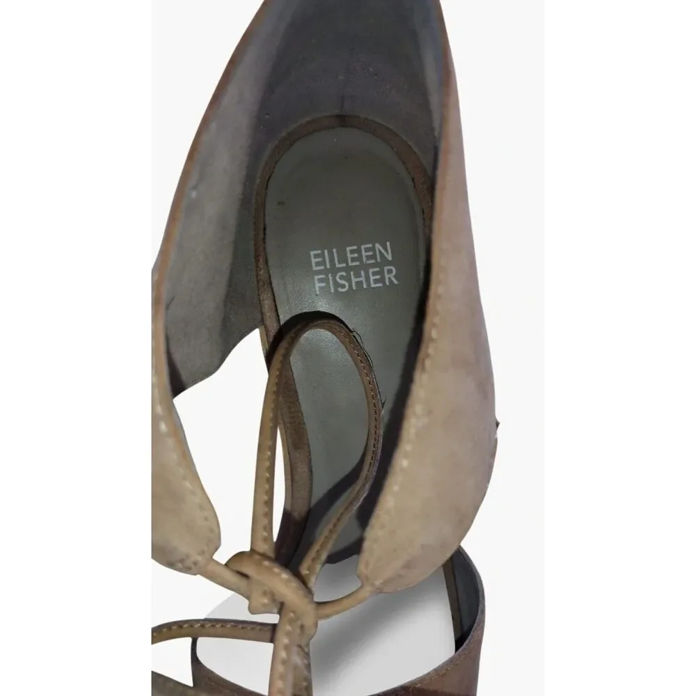 Eileen Fisher Tan Suede Block Heel Sandals Size 8.5 Lace  Open-Toe Comfort